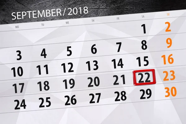 月、週、2018 9 月、22 日土曜日の締め切りの日のカレンダー プランナー — ストック写真