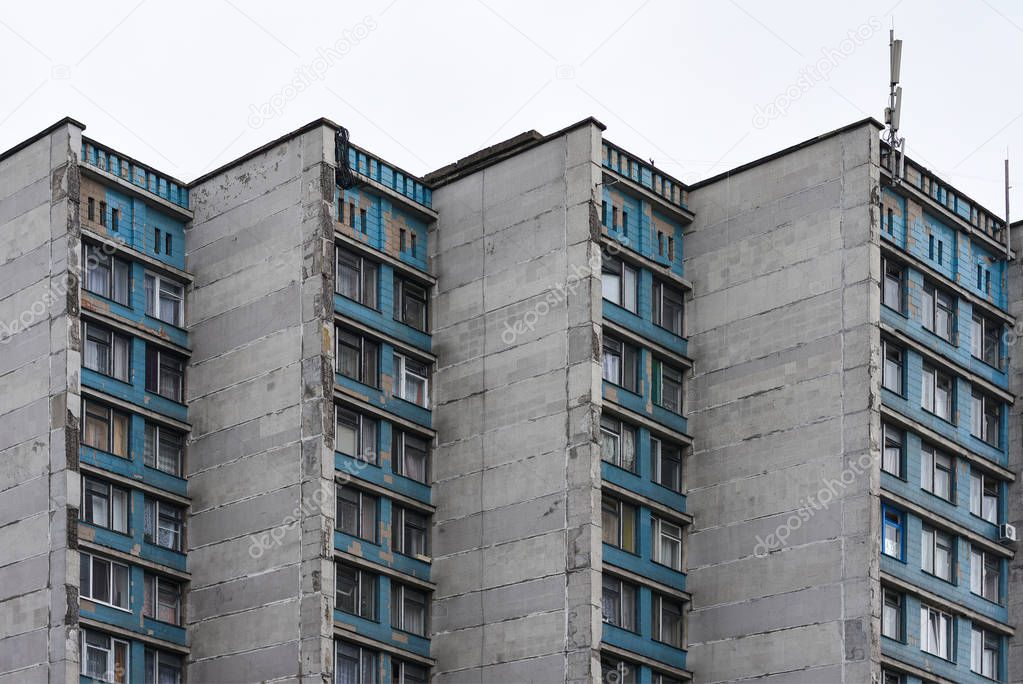 Wall of the old dormitory building from panel blocks in Russia and Belarus