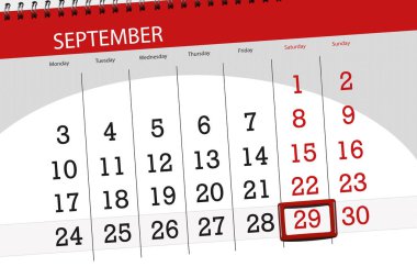 Ayın son günü haftanın 2018, 29 Eylül, Cumartesi için Takvim Planlayıcısı