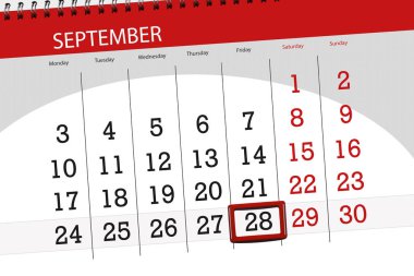 Ayın son günü haftanın 2018, 28 Eylül, Cuma için Takvim Planlayıcısı