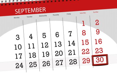 Ayın son günü haftanın 2018, 30 Eylül, Pazar için Takvim Planlayıcısı