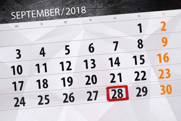 Calendário planejador para o mês, data limite do dia da semana, 2018 setembro, 28, sexta-feira — Fotografia de Stock