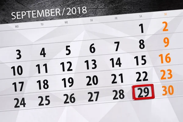 Calendário planejador para o mês, data limite do dia da semana, 2018 setembro, 29, sábado — Fotografia de Stock