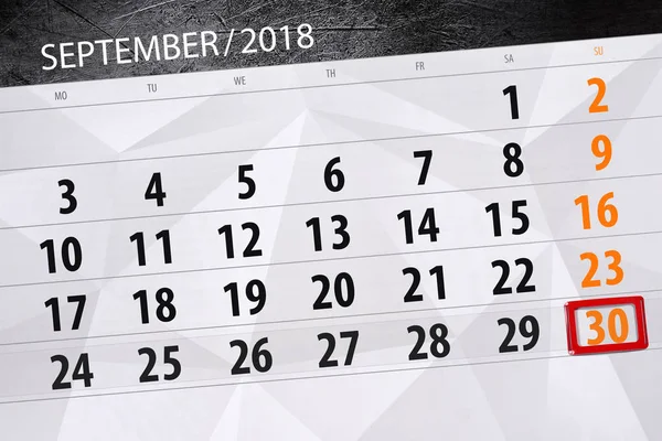 Calendário planejador para o mês, data limite do dia da semana, 2018 setembro, 30, domingo — Fotografia de Stock