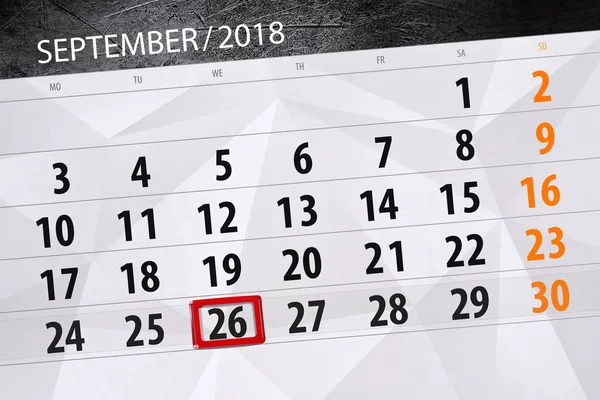 Kalenderblatt für den Monat, Stichtag der Woche, 26. September 2018, Mittwoch — Stockfoto