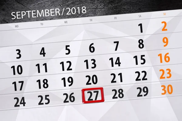 Calendário planejador para o mês, data limite do dia da semana, 2018 setembro, 27, quinta-feira — Fotografia de Stock