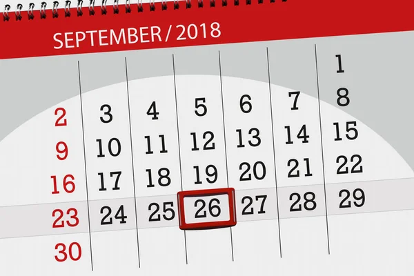 Планировщик календаря на месяц, крайний срок недели, 26 сентября 2018 года, среда — стоковое фото