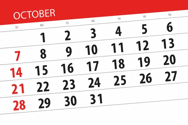 Planificador de calendario para el mes, fecha límite día de la semana 2018 octubre — Foto de Stock