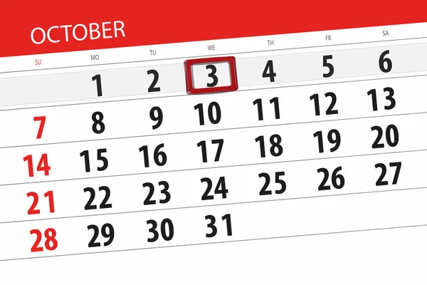 Planificador de calendario para el mes, fecha límite día de la semana 2018 octubre, 3, miércoles — Foto de Stock