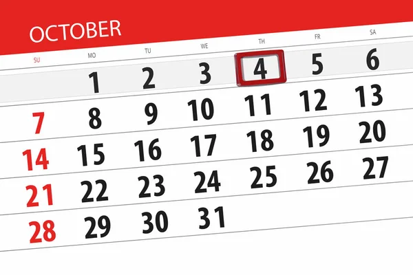 Planificador de calendario para el mes, fecha límite día de la semana 2018 octubre, 4, jueves — Foto de Stock