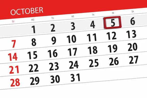 Planificador de calendario para el mes, fecha límite día de la semana 2018 octubre, 5, viernes — Foto de Stock