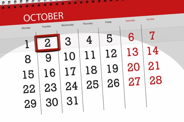Kalendář planner pro měsíc, termín den v týdnu října 2018, 2, úterý — Stock fotografie