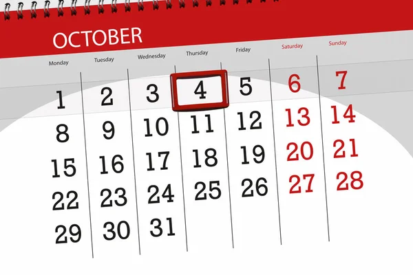 Kalendář planner pro měsíc, termín den v týdnu v říjnu roku 2018 4, čtvrtek — Stock fotografie