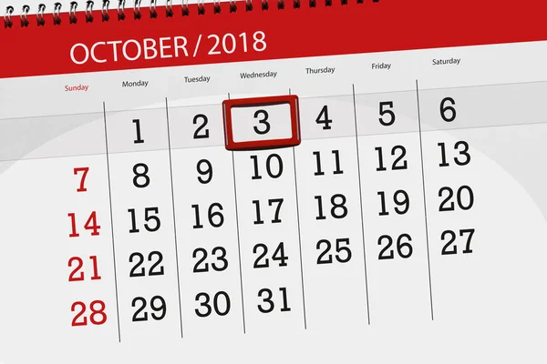 Kalenderblatt für den Monat, Stichtag der Woche 2018, 3. Oktober, Mittwoch — Stockfoto