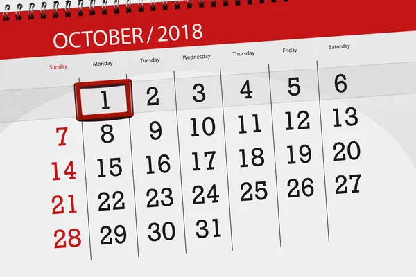 Calendário planejador para o mês, prazo dia da semana 2018 outubro, 1, segunda-feira — Fotografia de Stock