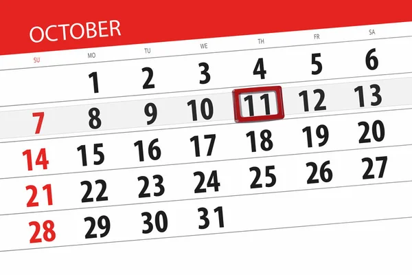 Calendrier planificateur pour le mois, date limite de la semaine 2018 octobre, 11, jeudi — Photo