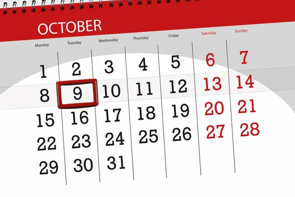 Calendrier planificateur pour le mois, date limite de la semaine 2018 octobre, 9, mardi — Photo