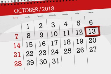 Ayın son günü hafta 2018 Ekim, 13, Cumartesi için Takvim Planlayıcısı