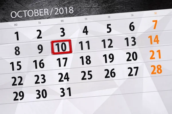 Calendar planner for the month, deadline day of the week 2018 october, 10, Wednesday — Stock Photo, Image