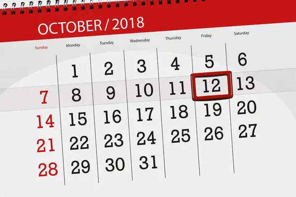 Kalenderblatt für den Monat, Stichtag der Woche 2018, 12. Oktober, Freitag — Stockfoto
