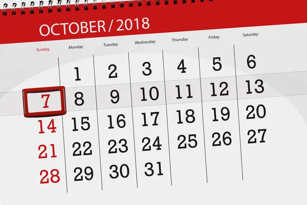 Calendrier planificateur pour le mois, date limite de la semaine 2018 octobre, 7, dimanche — Photo