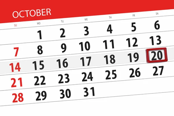 Kalendář planner pro měsíc, termín den v týdnu října 2018, 20, sobota — Stock fotografie