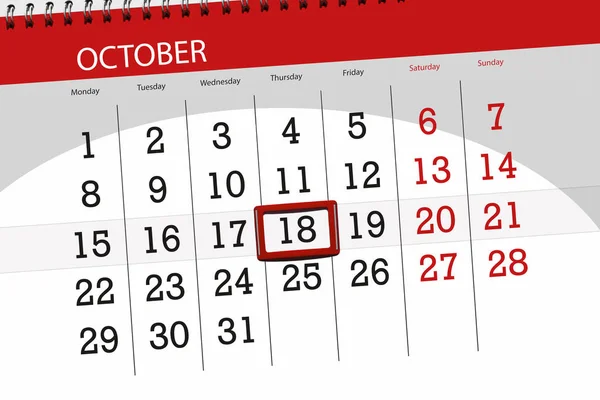 Calendrier planificateur pour le mois, date limite de la semaine 2018 octobre, 18, jeudi — Photo
