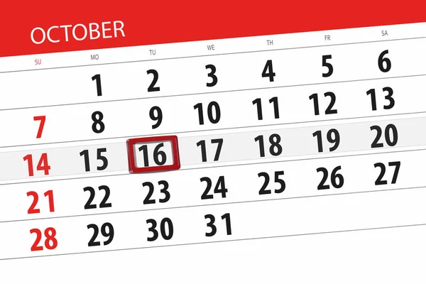 月、週年 10 月 2018年 16、火曜日の締め切りの日のカレンダー プランナー — ストック写真