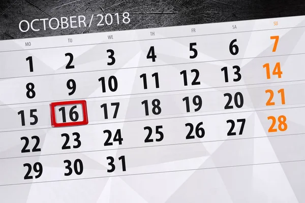 Kalendář planner pro měsíc, termín den v týdnu října 2018, 16, úterý — Stock fotografie