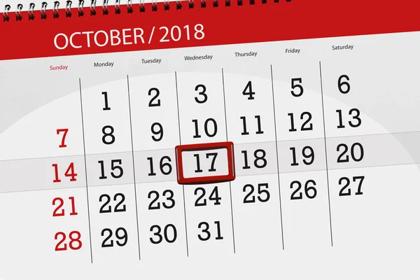 Calendário planejador para o mês, data limite do dia da semana 2018 outubro, 17, quarta-feira — Fotografia de Stock