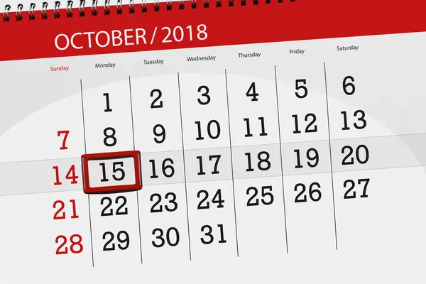 Kalenderblatt für den Monat, Stichtag der Woche 2018, 15. Oktober, Montag — Stockfoto