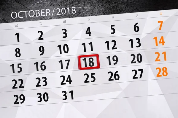 Kalender planner voor de maand, de dag van de termijn van de week 2018 oktober 18, donderdag — Stockfoto