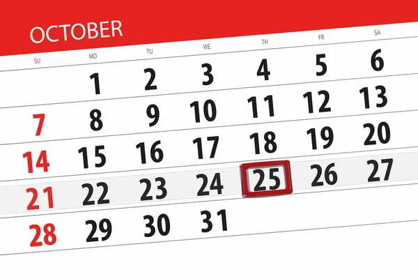 Calendário planejador para o mês, data limite do dia da semana 2018 outubro, 25, quinta-feira — Fotografia de Stock