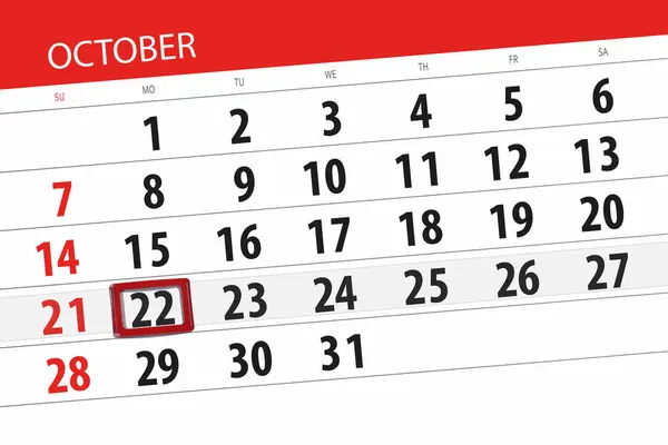 Planificador de calendario para el mes, fecha límite día de la semana 2018 octubre, 22, lunes — Foto de Stock