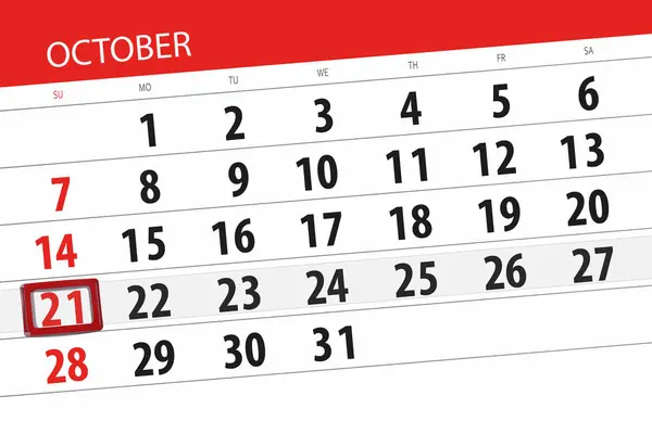 Kalendář planner pro měsíc, den termín v týdnu října 2018, 21, neděle — Stock fotografie