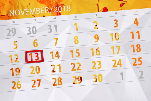 Planificador de calendario para el mes, fecha límite día de la semana 2018 noviembre, 13, martes — Foto de Stock