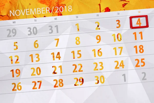 Calendario per il mese, giorno di scadenza della settimana 2018 4 novembre, domenica — Foto Stock