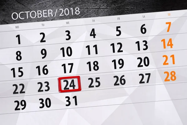 Calendar planner for the month, deadline day of the week 2018 october, 24, Wednesday — Stock Photo, Image