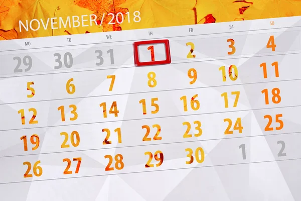 Планировщик календаря на месяц, крайний срок недели 2018 Ноябрь, 1, Четверг — стоковое фото
