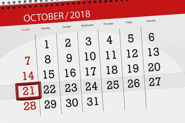 Kalenderblatt für den Monat, Stichtag der Woche 2018, 21. Oktober, Sonntag — Stockfoto