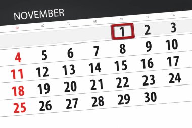 Ayın son günü hafta 2018 Kasım, 1, Perşembe için Takvim Planlayıcısı