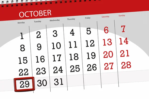 Calendrier planificateur pour le mois, date limite de la semaine 2018 octobre, 29, lundi — Photo