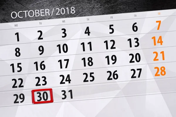 Calendar Planner Month Deadline Day Week 2018 October Tuesday — Stock Photo, Image