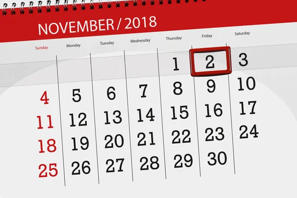 Ημερολόγιο για το σχεδιασμό για το μήνα, ημέρα της εβδομάδας Νοεμβρίου 2018, 2, Παρασκευή — Φωτογραφία Αρχείου