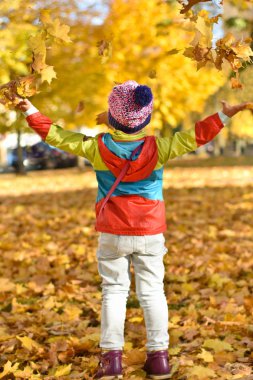  parlak elbiseleri yaprakları ile oynarken küçük kız