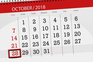 Ayın son günü hafta 2018 Ekim 28, Pazar için Takvim Planlayıcısı
