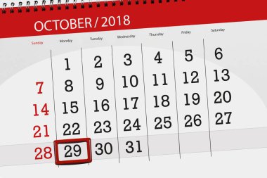 Ayın son günü hafta 2018 Ekim 29, Pazartesi için Takvim Planlayıcısı