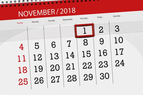 Ημερολόγιο για το σχεδιασμό για το μήνα, ημέρα της εβδομάδας Νοεμβρίου 2018, 1, Πέμπτη — Φωτογραφία Αρχείου