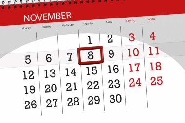 Ayın son günü hafta 2018 Kasım, 8, Perşembe için Takvim Planlayıcısı