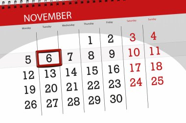Ayın son günü hafta 2018 Kasım, 6, Salı için Takvim Planlayıcısı